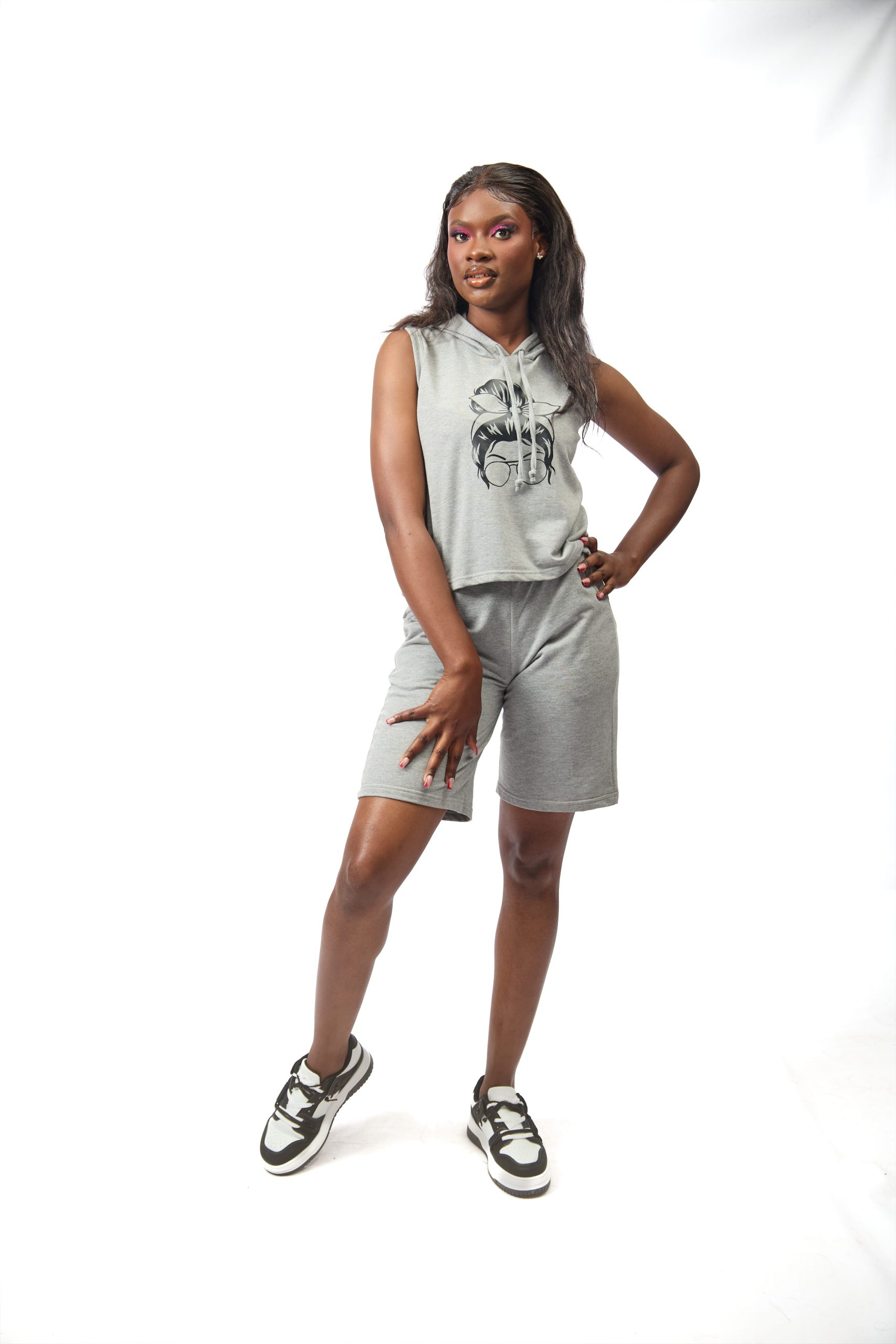 LADIES ATHLEISURE SLEEVELESS HOODED TOP + LADIES ATHLEISURE TERRY SHORTS